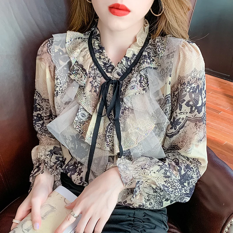 

Chiffon Women's Blouse Print Casual O-Neck Long Sleeve Shirt Spring Autumn Fashion Top