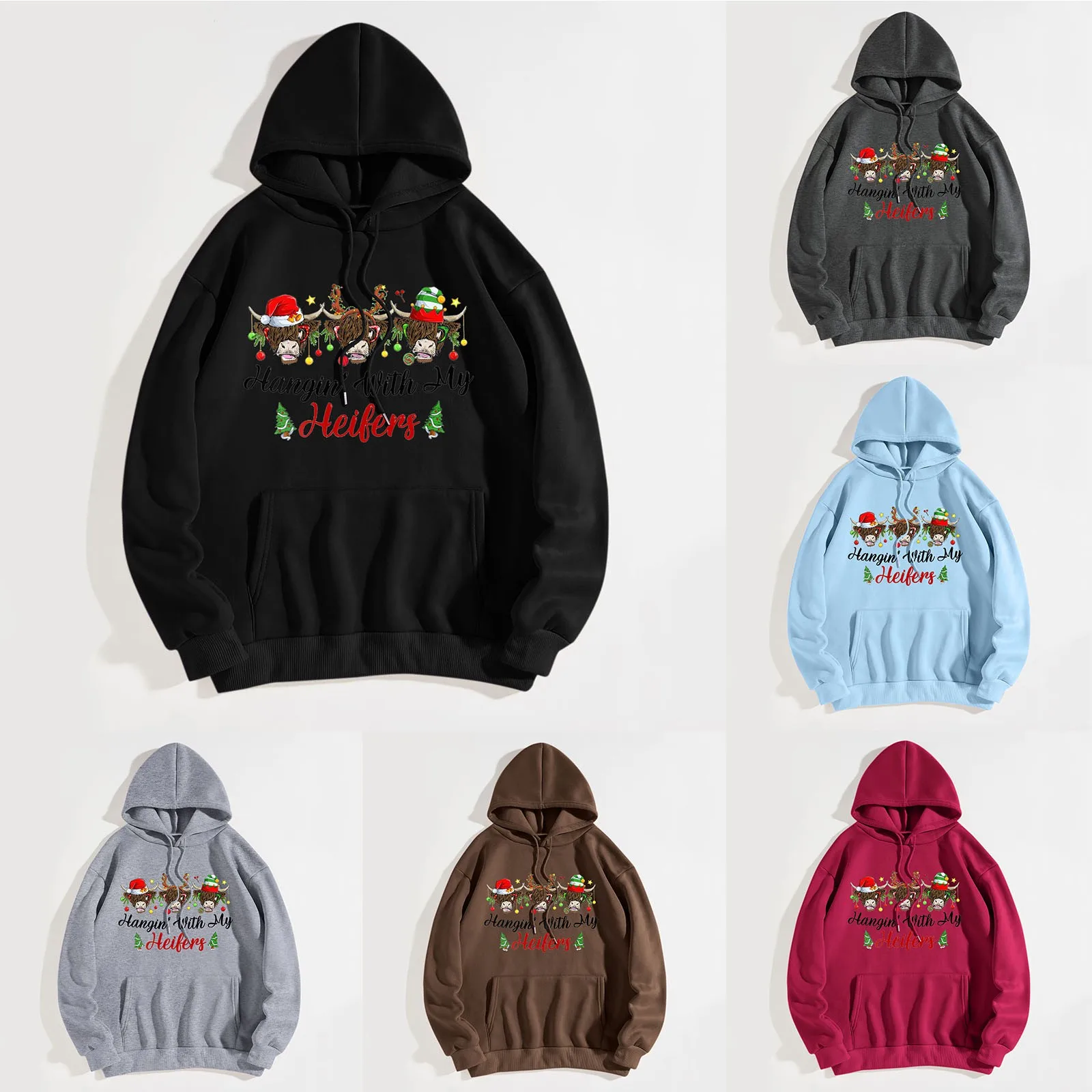 

Women HeifersS Christmas Hooded Sweatshirt Merry Christmas High Land Cow Sweatshirt Hooded Round Neck Long Sleeve Fleece Tunic
