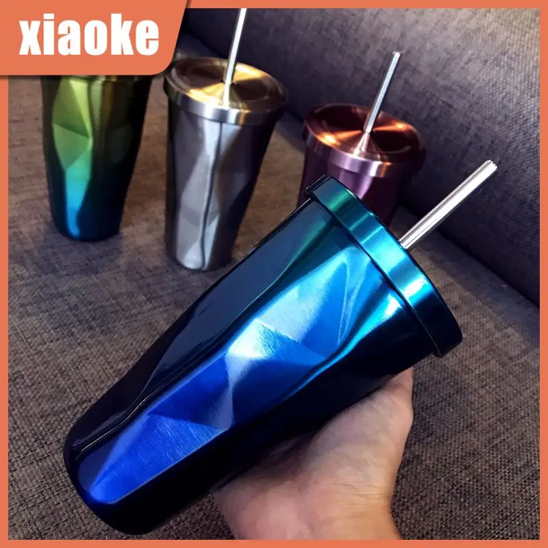 

Portable Reusable Dual Layer Stainless Steel Rhombus Vacuum Straw Cup Summer Vacation Cold Cup Tumbler Matte Finish Coffee Mug