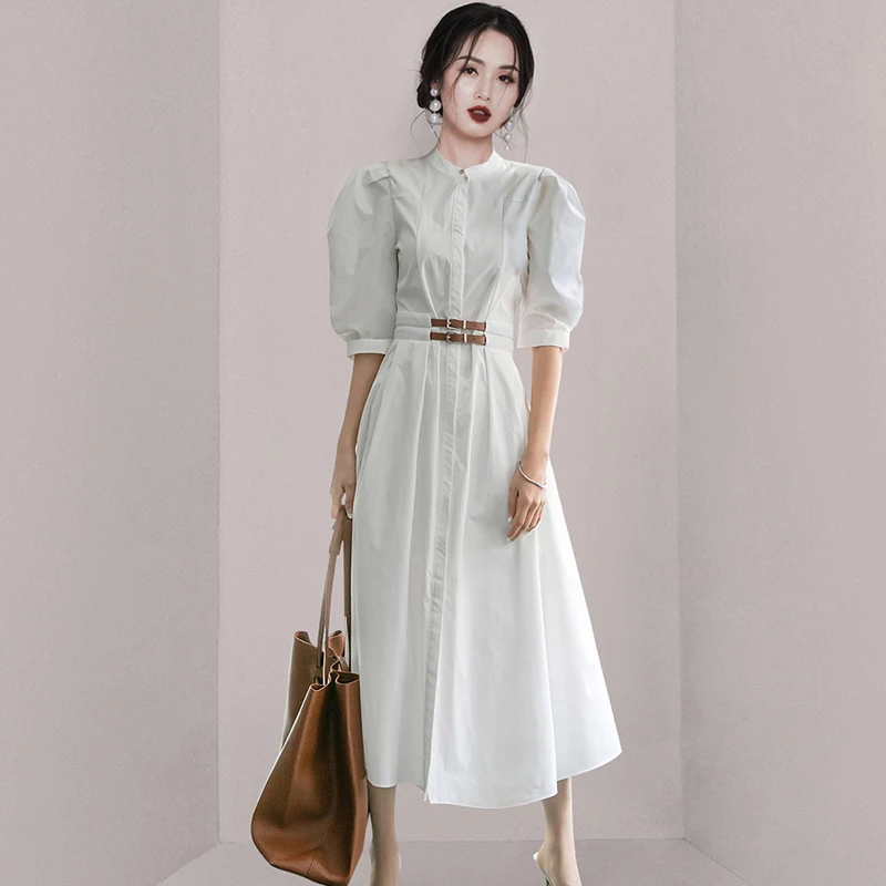 2022 Summer Clothes New Korean Version High-End Temperament Stand Collar Fashion Belt Waist Closing Big Swing Shirt Dress