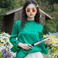 2022 women vintage loose qipao blouse chinese hanfu tops national flower print satin blouse oriental tang suit chinese blouse