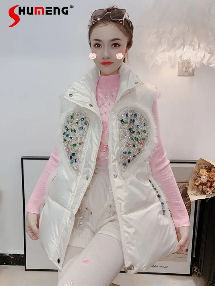 Women Winter New Fashion Fairy Down Cotton Vest Coat Ladies Korean Style Sweet Mid-Color Diamond Mink Fur Stitching Tank Jacket