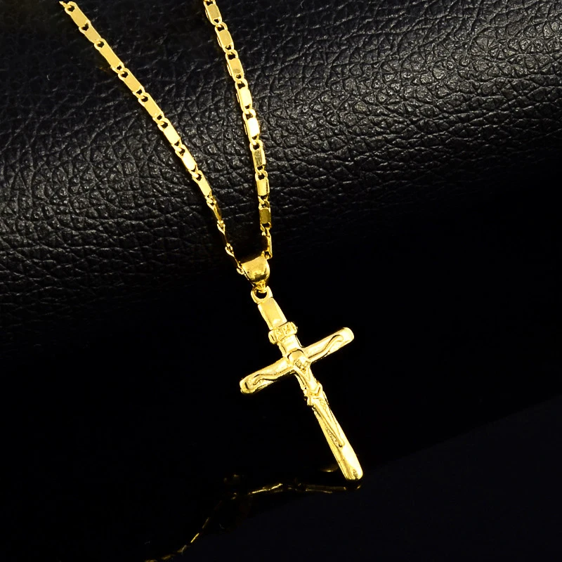 

High Quality Pure Gold Color Cross Charm Pendant Necklaces For Women Men 24K Yellow Gold Filled Necklaces Wedding Jewelry Gifts