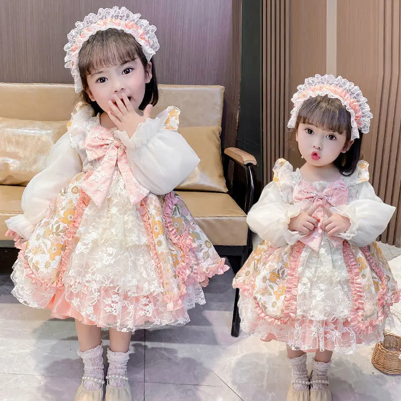 

Испанское винтажное бальное платье принцессы в стиле "Лолита" с бантом, кружевное дизайнерское платье для дня рождения с длинным рукавом для девочек на Пасху Eid