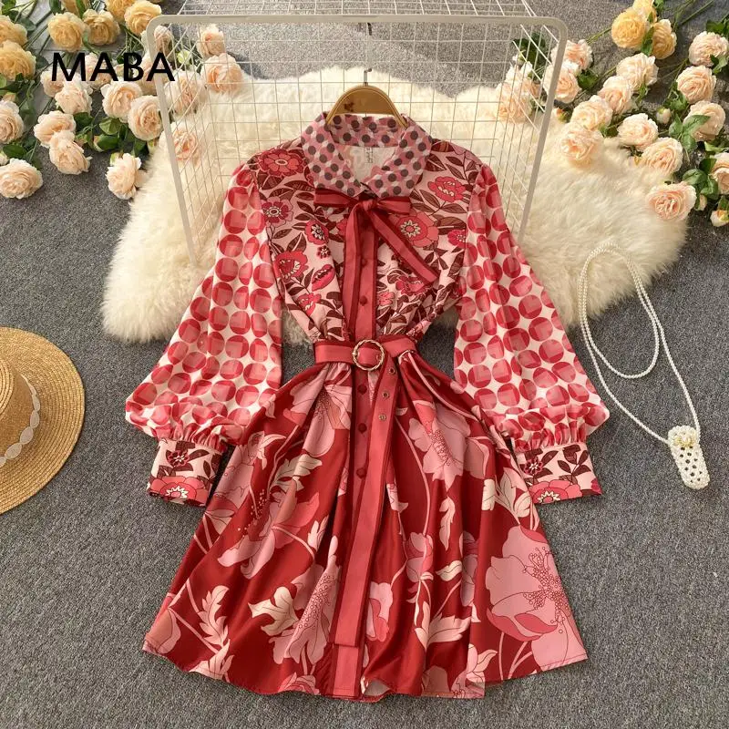 

Runway Red Dresses Women Polo Neck Long Sleeve Vintage Print Single Breasted Formal Elegant Party A-line Short Bandage Dress