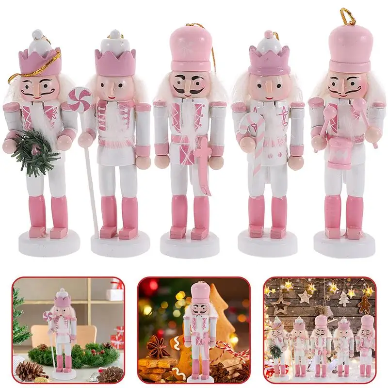 

10pcs Christmas Decorations Kids Nutcracker Soldier Doll Wooden Pendants New Year Ornaments For Navidad Xmas Tree Hanging Pink