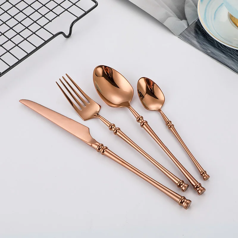 

24PCS Rosegolden Cutlery set Silm handle 304 stainless steel waist knife fork spoon set steak tableware spoon Kitchen Accessory