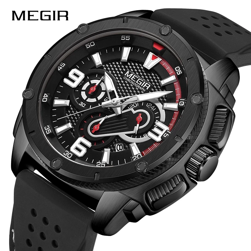 

MEGIR New Black Sport Watches Men Luminous Military Watch Silicone Chronograph Quartz Wrist Watch Hot Sell