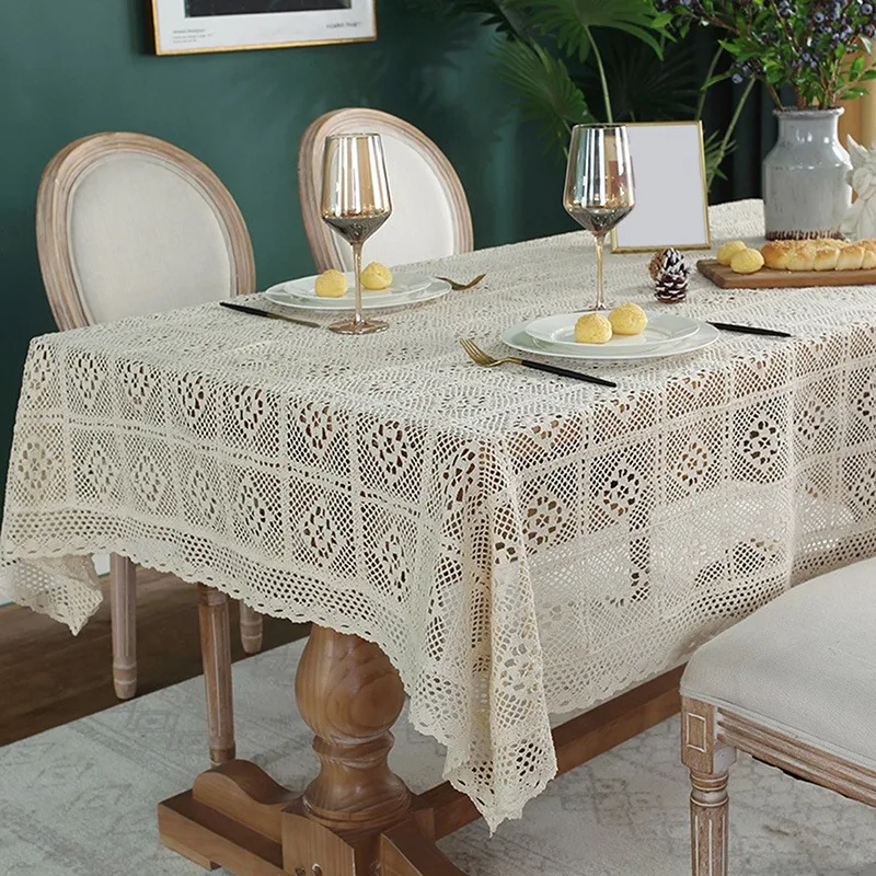

Crochet Hollow Tablecloth Home Decorative Rectangle Fabric Lace Beige Bedroom Coffee Table for Living Room Cover Cloth Mat