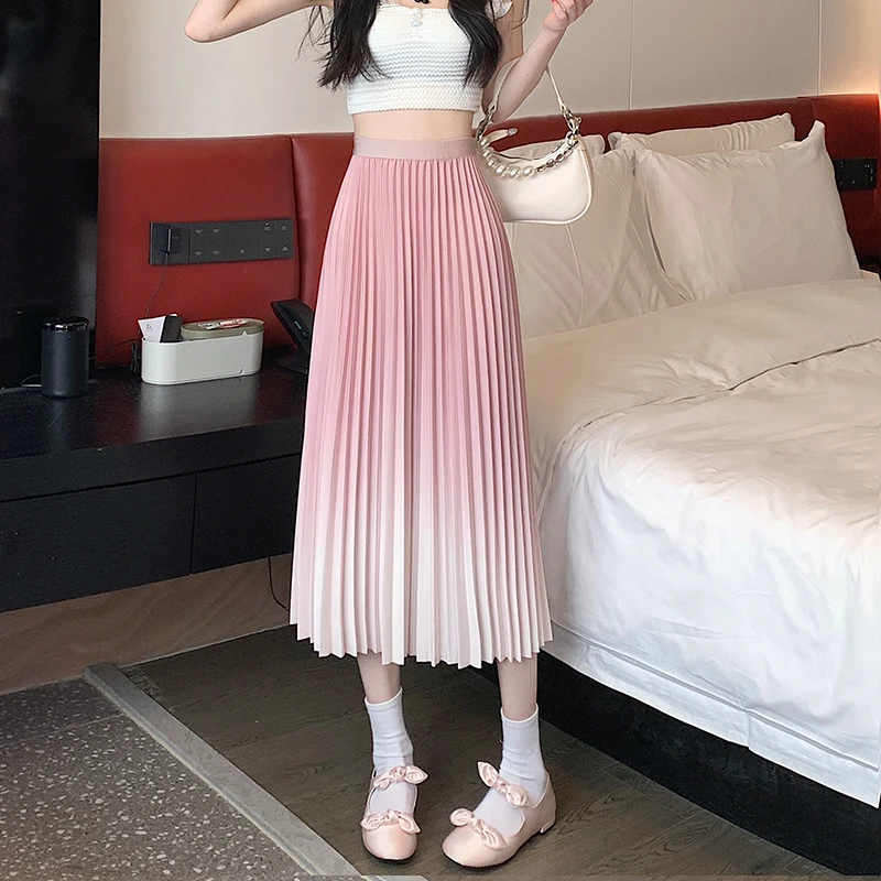 

Cacocala 2023 Spring Summer New Gradient Color Pleated Skirt Women Drape A-line Mid-length Female Skirts