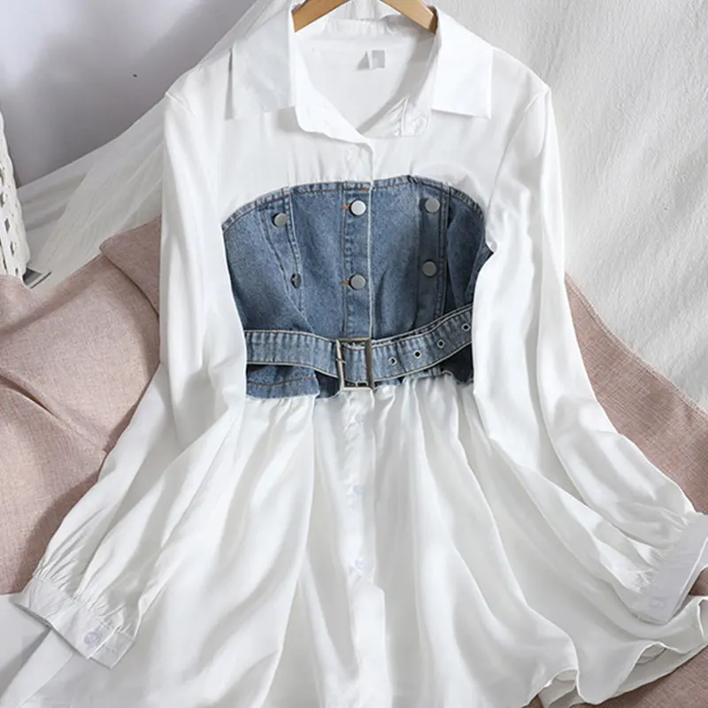 

SuperAen Fake Two Piece Stitched Denim Shirt Dress Women's 2022 Autumn New Design Denim Lace Up Shirt Dress