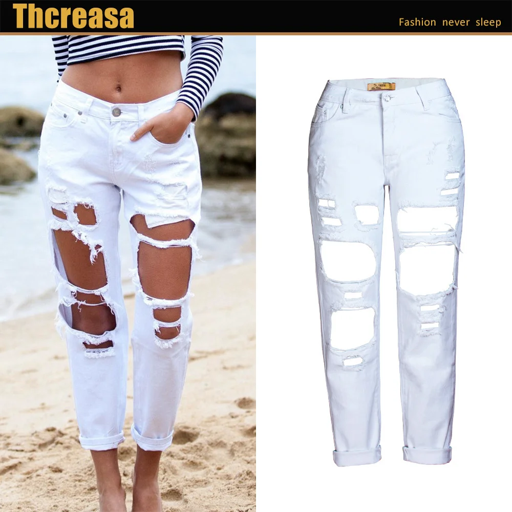 

2023 Women's Perforated Denim Loose Straight Pants Bf Capris