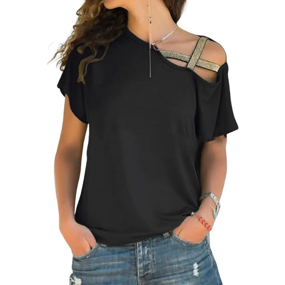 

Trendy Shoulder Hollow Skew Neck T-shirt Summer Blouse Comfy Sweat Absorbing