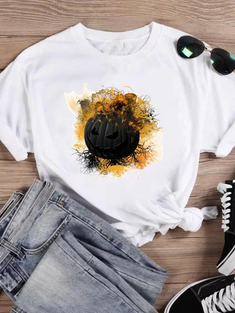

T-shirts Print Top Halloween Thanksgiving Festival Women Watercolor Pumpkin Female Fall Autumn Clothing Short Sleeve Graphic Tee