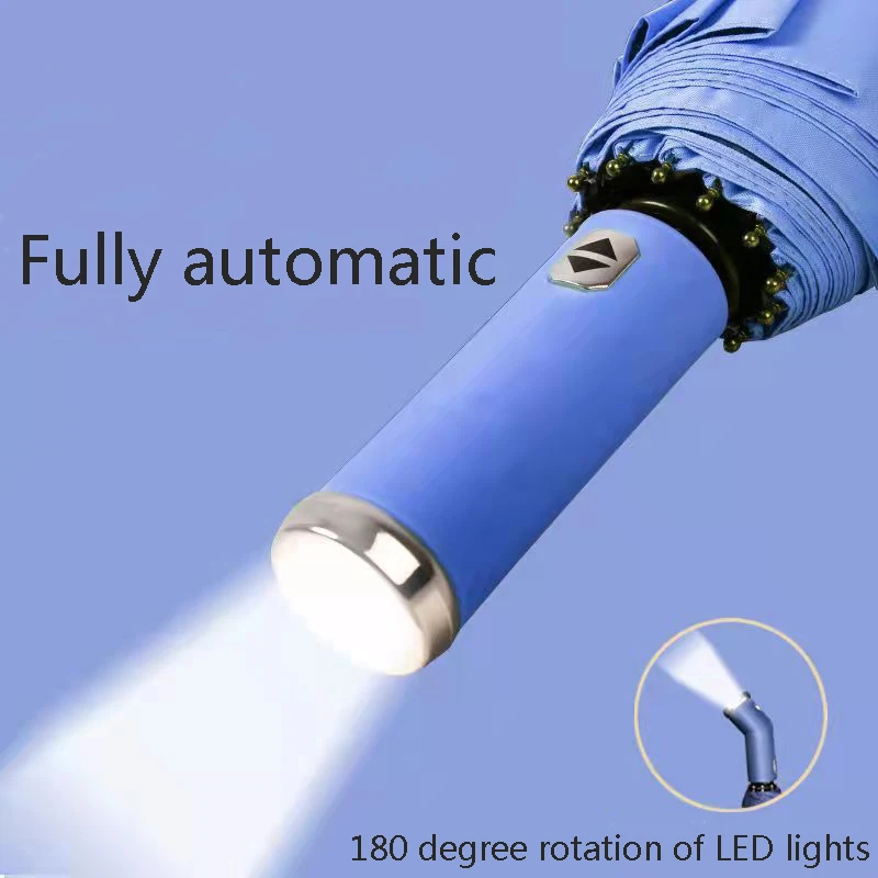 Автоматический зонтик с вращающейся светодиодной головкой, трехсложный перевернутый зонтик с 10 ребрами, устойчивый к ветру, для путешествий.
