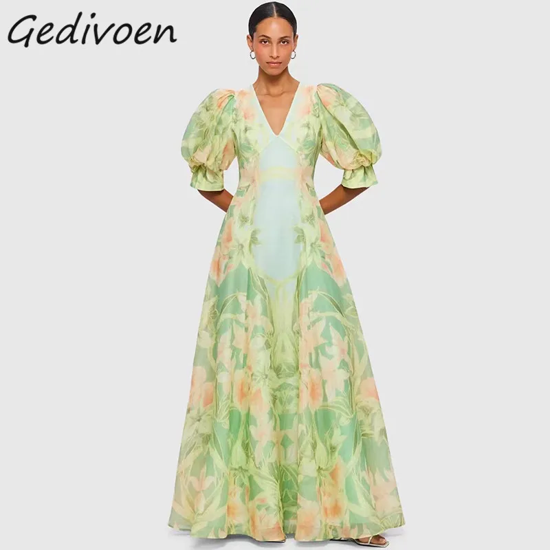 

Gedivoen Summer Fashion Designer Elegant Gorgeous Dress Women's V-Neck Short Sleeve Holiday Party Floral Print Loose Long Dress