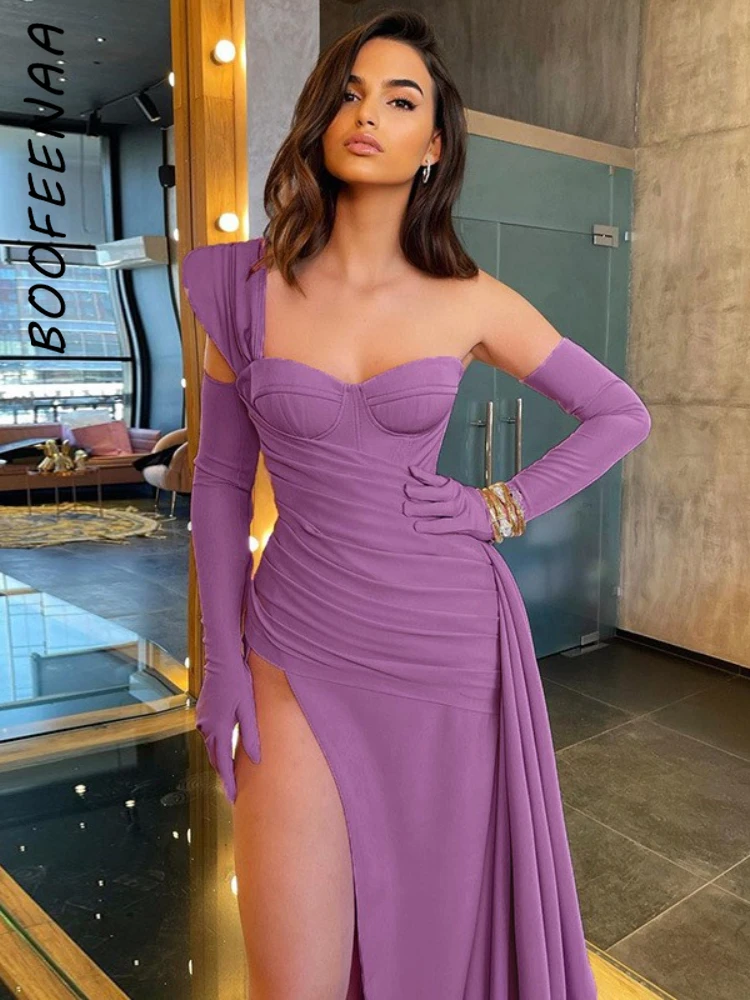 

BOOFEENAA One Shoulder High Split Floor Length Party Dress Women Elegant Sexy Long Maxi Evening Dresses with Gloves C76-HF80