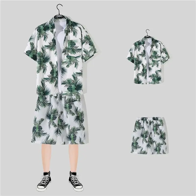 Short-sleeved Shirt Men's Casual Suit Trend Summer Beach Quick Dry Printed Sets Hawaiian Couples Tops Shirts + Sports Shorts Set