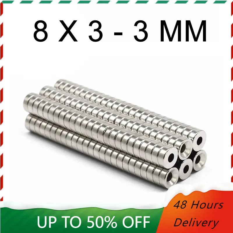 

10/30/50/100 Pcs 8x3-3mm Neodymium Magnet Countersunk Hole Fridge Magnet N52 Rare Earth Magnet Permanent Magnetic imanes Disc