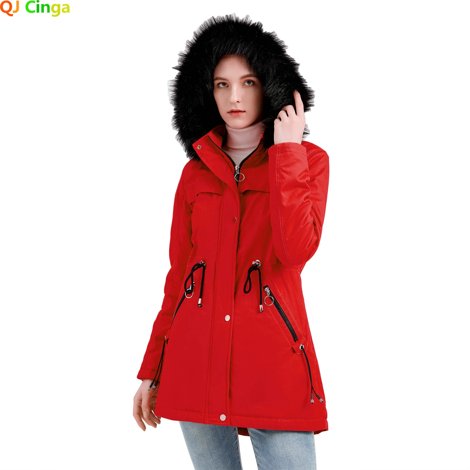 

Red Jacket Women's Solid Color Hooded Drawstring Waist Padded Coat Winter Camping Clothing Coats Oversized Female Overcoats 2022