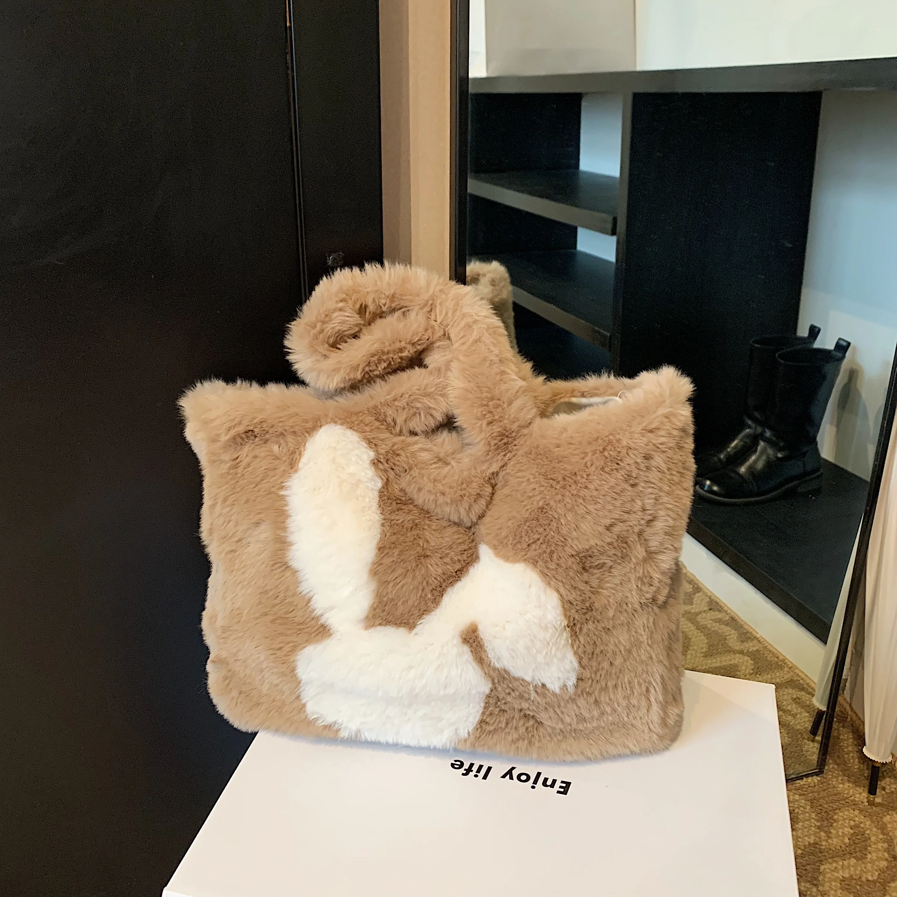 Милая Складная Сумка-тоут Из Искусственного Кроличьего Меха С Ушками.