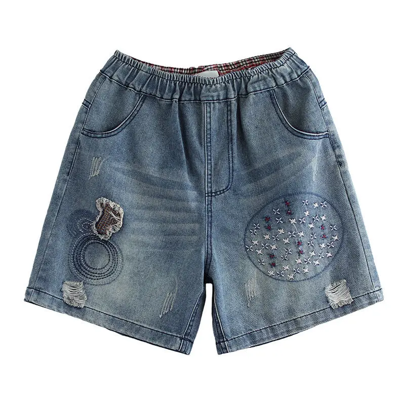 2021 Summer Women Elastic Waist Wide Leg Shorts Female Loose Floral Embroidery Pattern Denim Shorts Lady Casual Patchwork Shorts