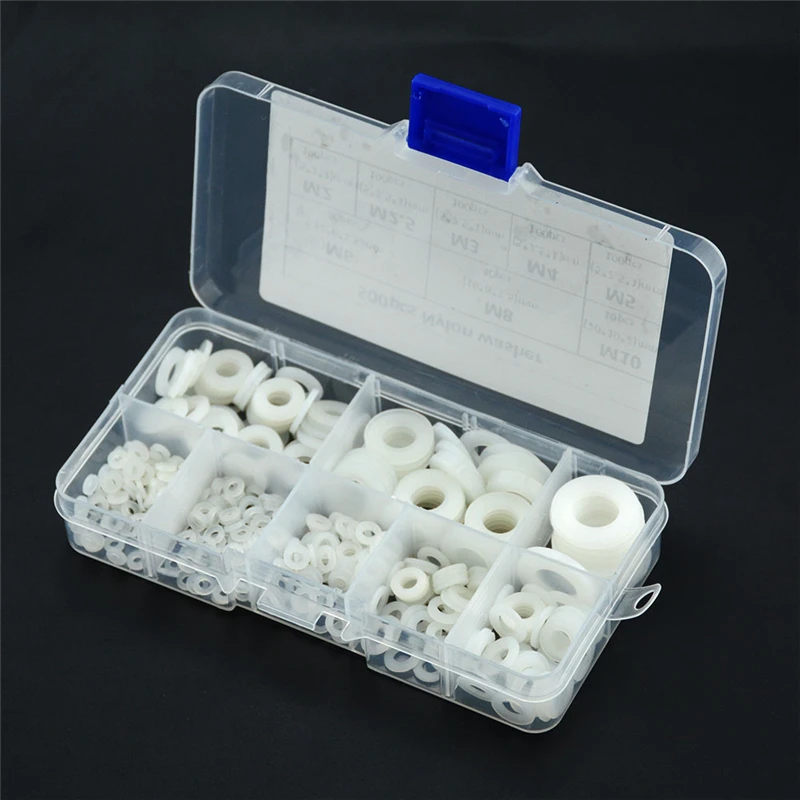 

500pcs White Nylon Flat Washer Gasket Set M2 M2.5 M3 M4 M5 M6 M8 M10 Plastic Sealing O-rings Assortment Kit Fastener