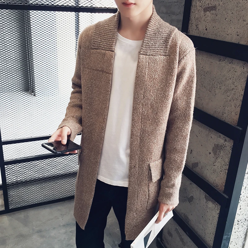 

Autumn and Winter New Men's Daily All-match Simple Round Neck Wool Jacket Mid-length Casual Warm Solid Color Knitted Cardigan