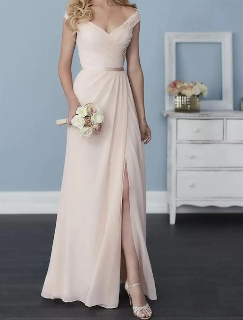 

A-Line Bridesmaid Dress Off Shoulder Sleeveless Elegant Floor Length Chiffon with Sash Ribbon Pleats Split Front vestido de noiv