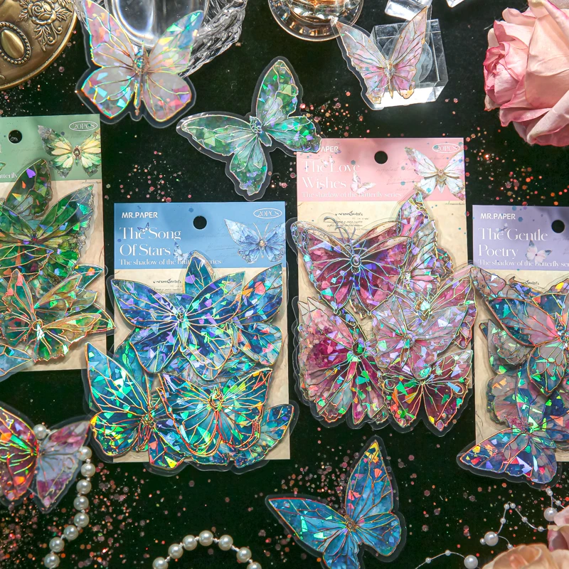 

20 листов, фольга, лазерная бумага, 3D наклейка, упаковка для следа, украшение бабочки, офисные материалы, школьные принадлежности, скрапбук 15*10 см