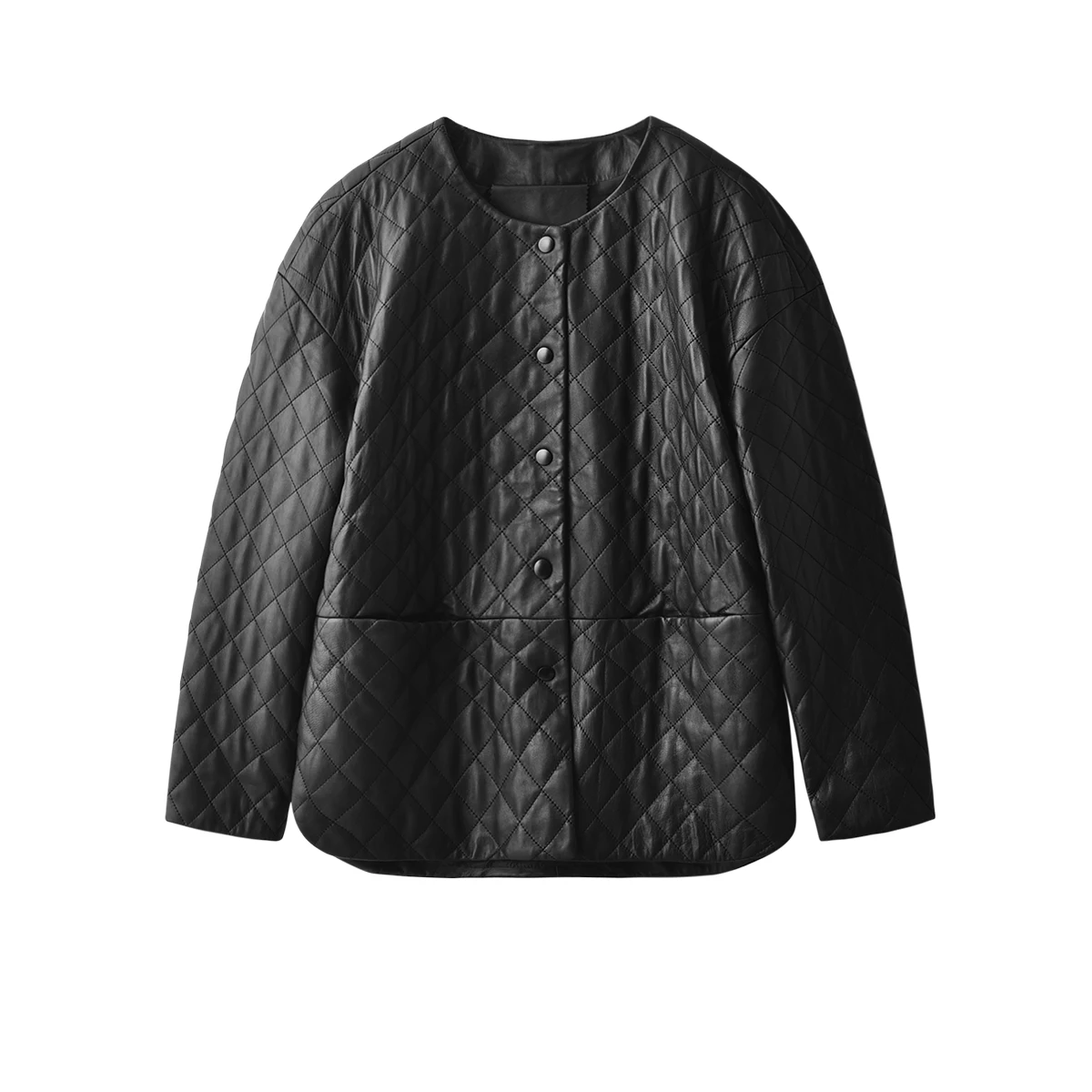 Design Fashion High Quality Luxury  Covered Button  Pockets  Autumn/Winter  Real Leather Jacket Women Sheepskin O-Neck Coats