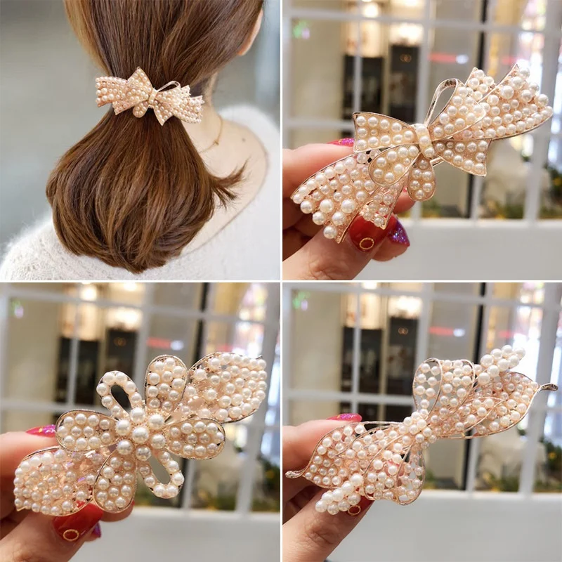 

Elegant Pearl Hairpin Adult Large Spring Clip Hair Ornament Simple Ponytail Clip Top Clip