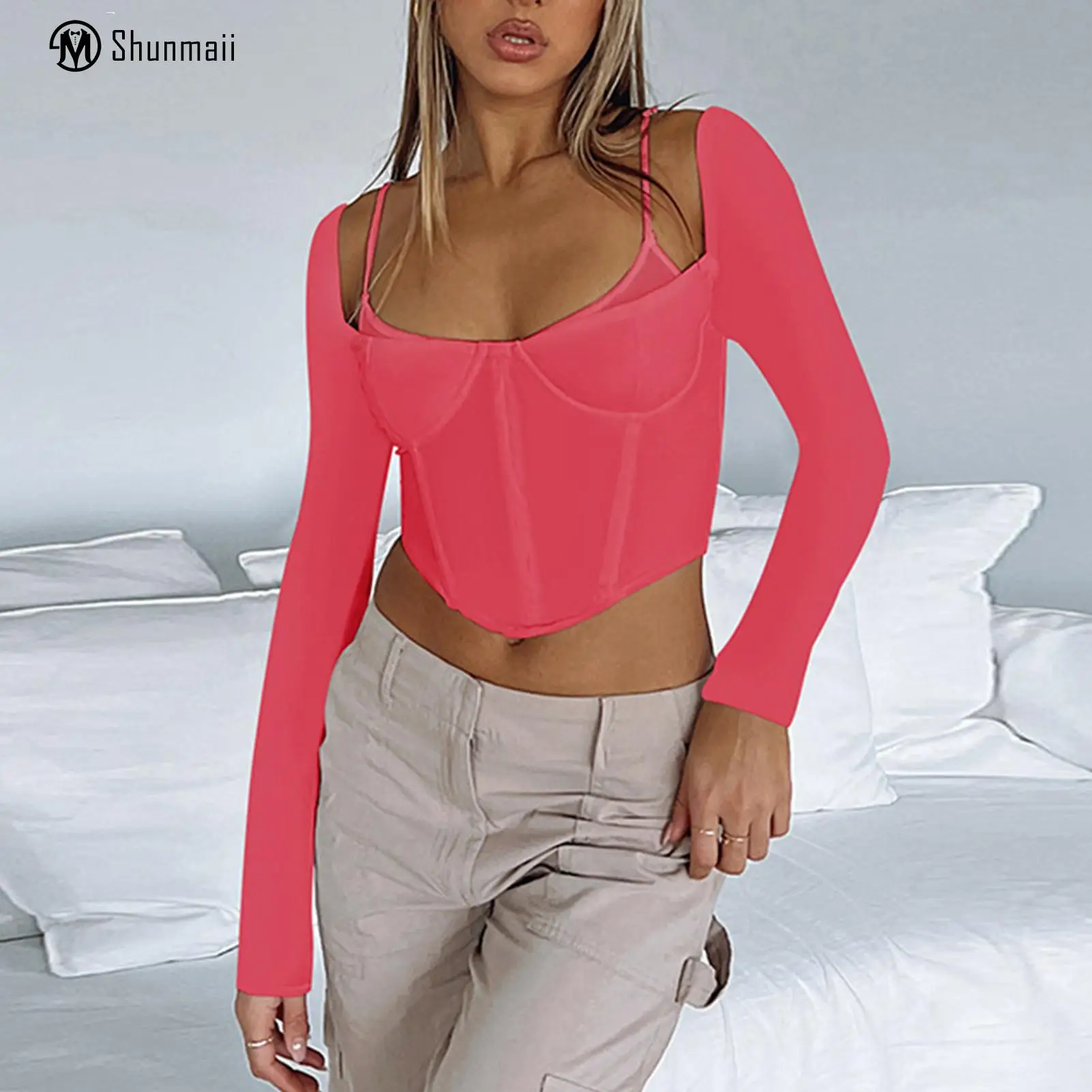 

Women Skinny Long Sleeve Sports Shirt Two Pieces Tight Crop Tops Solid Color Navel Exposed Party Clubwear Clothing