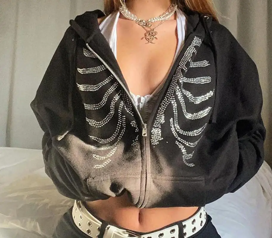 

Женская толстовка с капюшоном, однотонная Свободная Толстовка большого размера с молнией на груди, Y2K Стразы, весна 2022