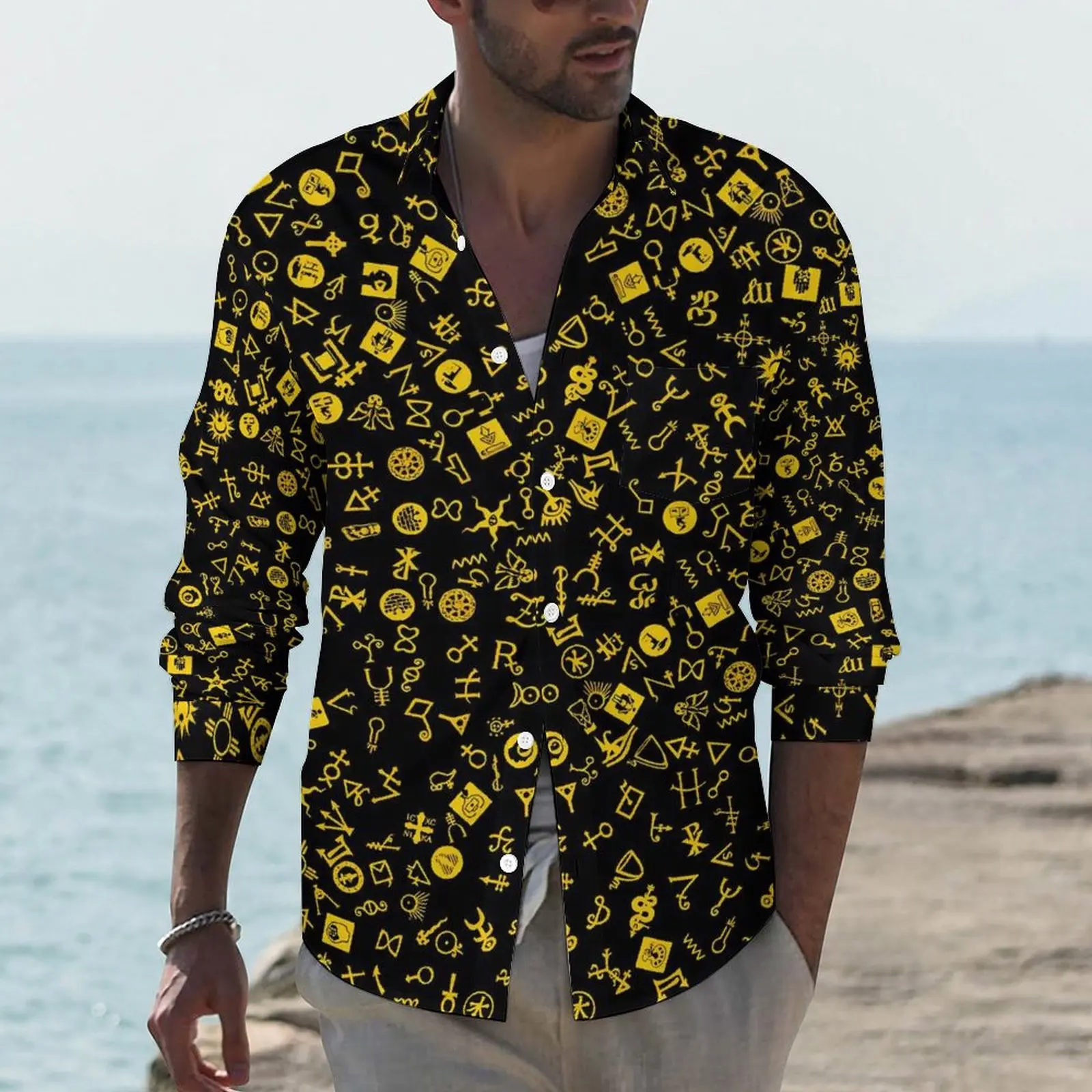 

Желтая и черная астрологическая стильная рубашка, мужская рубашка с символикой, Весенняя модная блузка с длинным рукавом, дизайнерская одежда большого размера