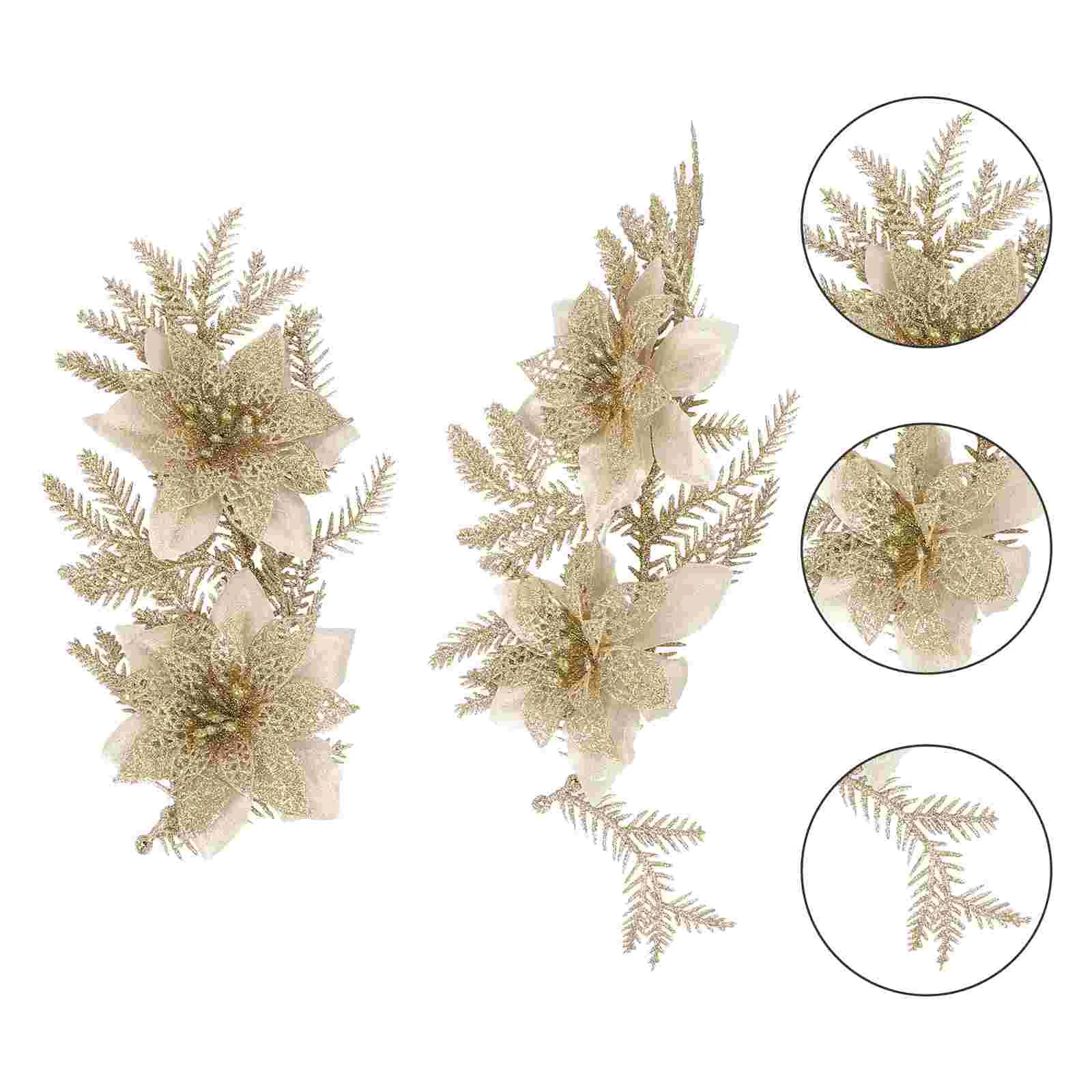 

2Pcs Christmas Flower Picks Glitter Poinsettia Flower Christmas Garland Branch Christmas Decorations