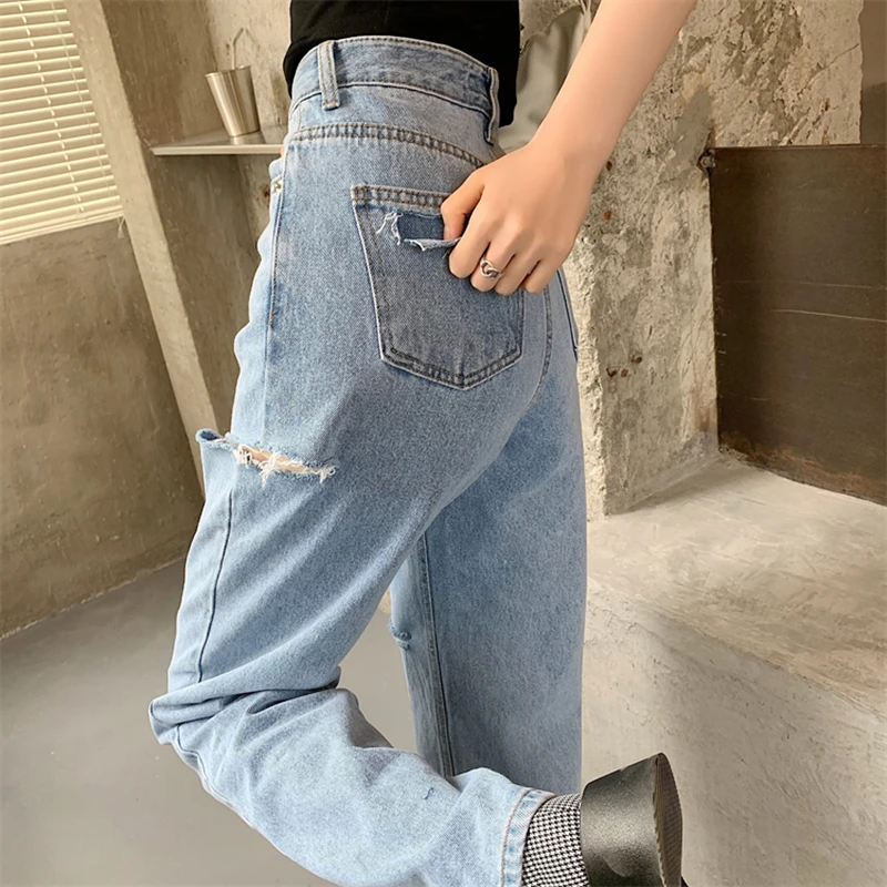 

High Waist Women Ripped Jeans Streetwear Korean Fashion Wide Leg Pants Casual Baggy 2022 Summer Straight Ladies Denim Trouser