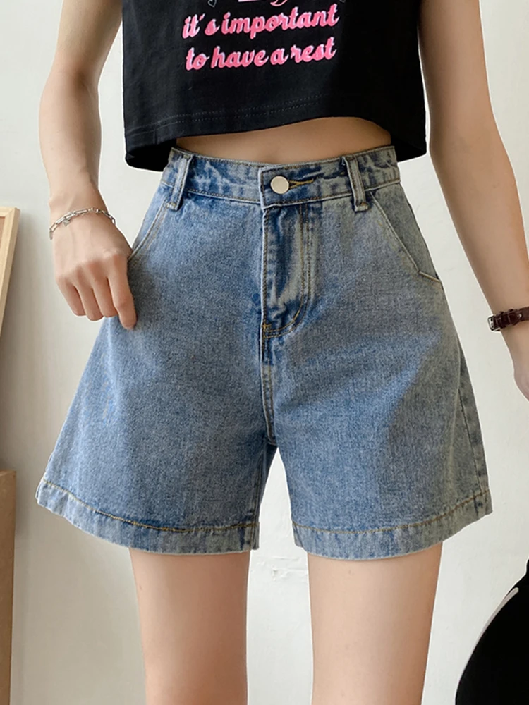 New Summer Women High Waist Wide Leg Blue Denim Shorts Streetwear Female Retro Button Jeans Shorts Bottoms
