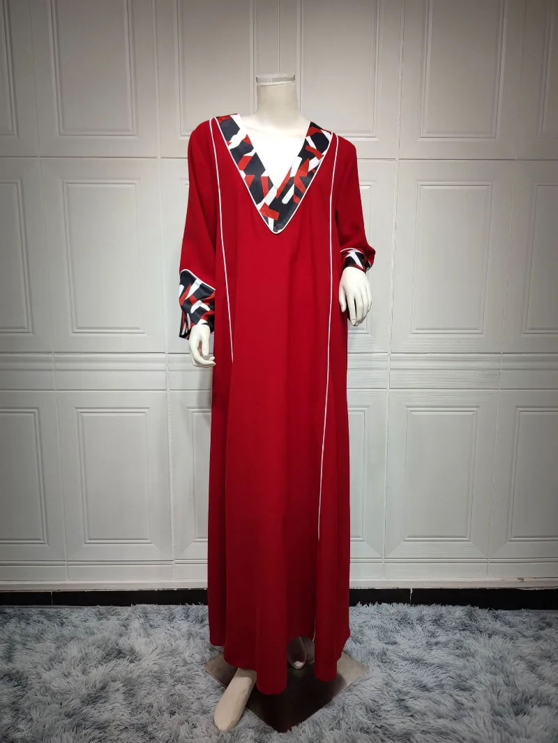 Abayas Muslim Long Dress Women V Neck Full Sleeve Islami Robe Autumn New Solid Patchwork Loose Casual Muslim Maxi Dress Vestidos
