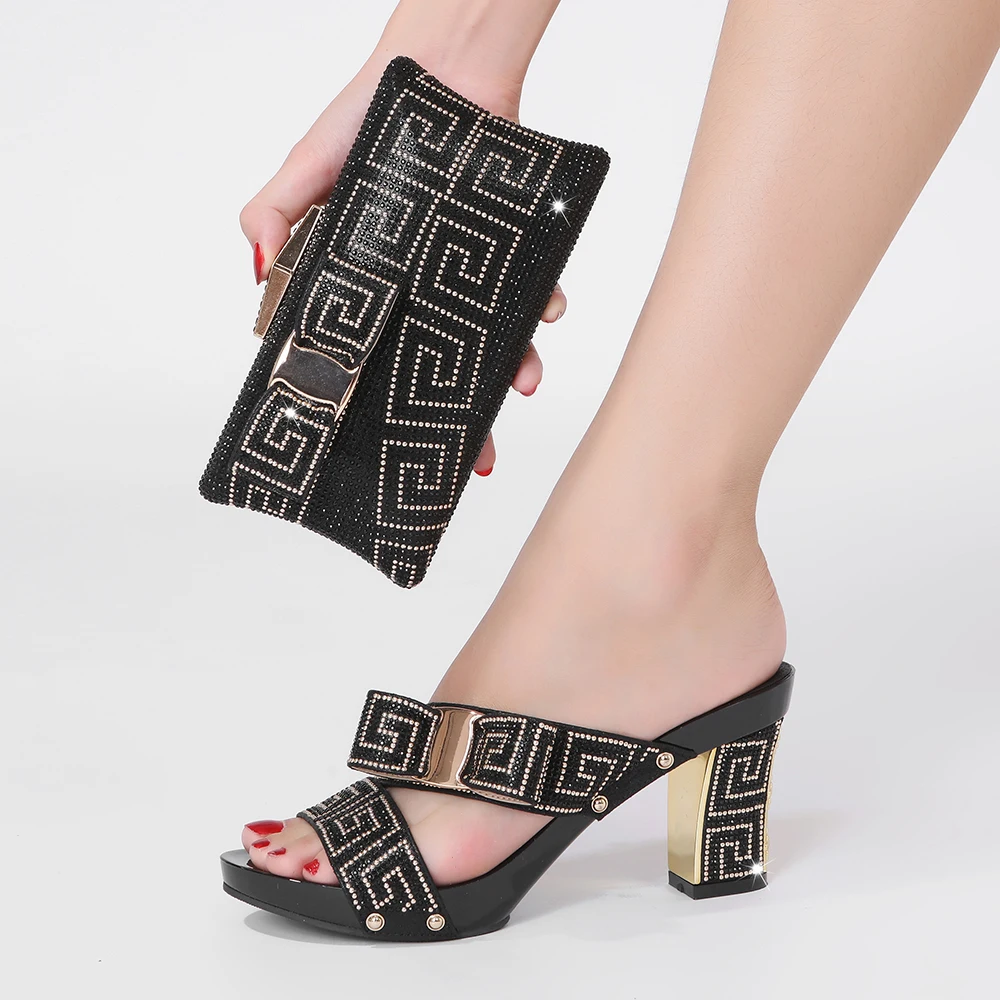 

Light Luxury Rhinestone Metal Embellished Bow Stripes Super High Heel Ladies Slippers with Wedding Reception Fashion Chain Bag