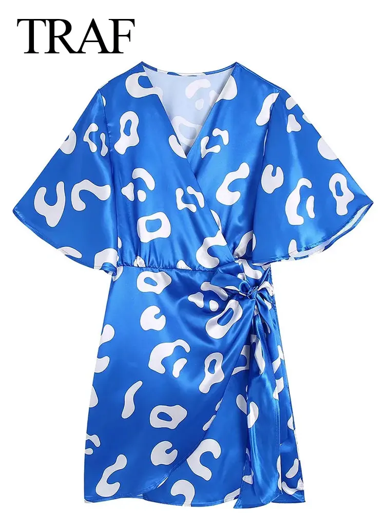 

TRAF Trendy V-Neck Waist Pleated Butterfly Short Dress Elegant Premium Reflective Satin Print Flying Sleeves Ladies Dress