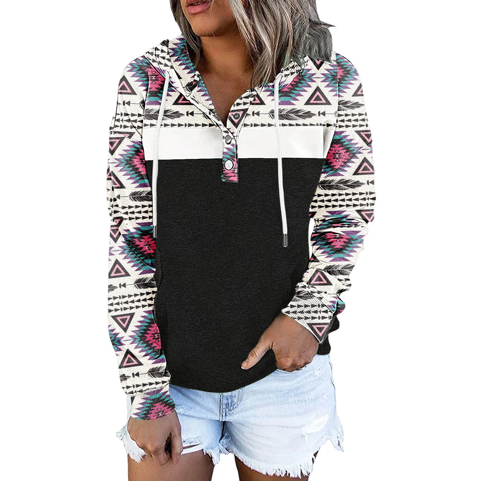 

Женская толстовка с длинным рукавом, пуловер с принтом и карманами, на пуговицах, свитер