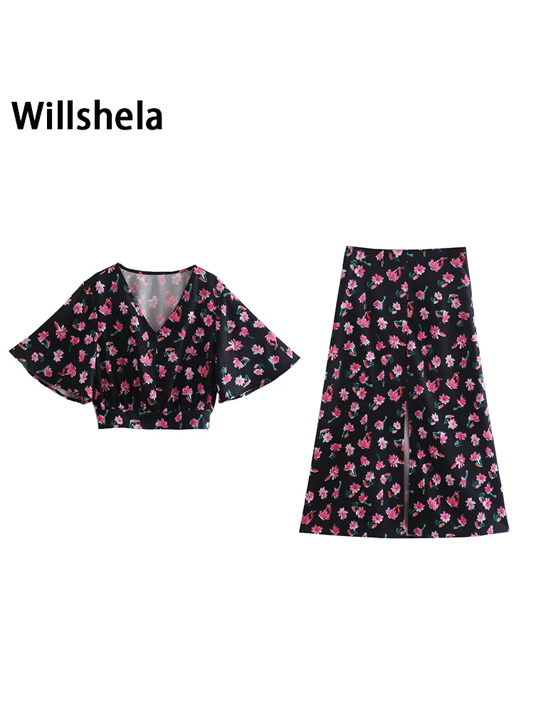 

Willshela Women Fashion 2 Piece Set Floral Printed Single Breasted Blouses & Side Zipper Midi Skirt Chic Lady Female Skirts Sets