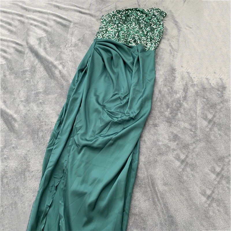Green Sexy High Slit Sequins Chapel Train Prom Dresses Elegant Soft Satin Formal Evening Party Gowns Robe De Soiree Backless