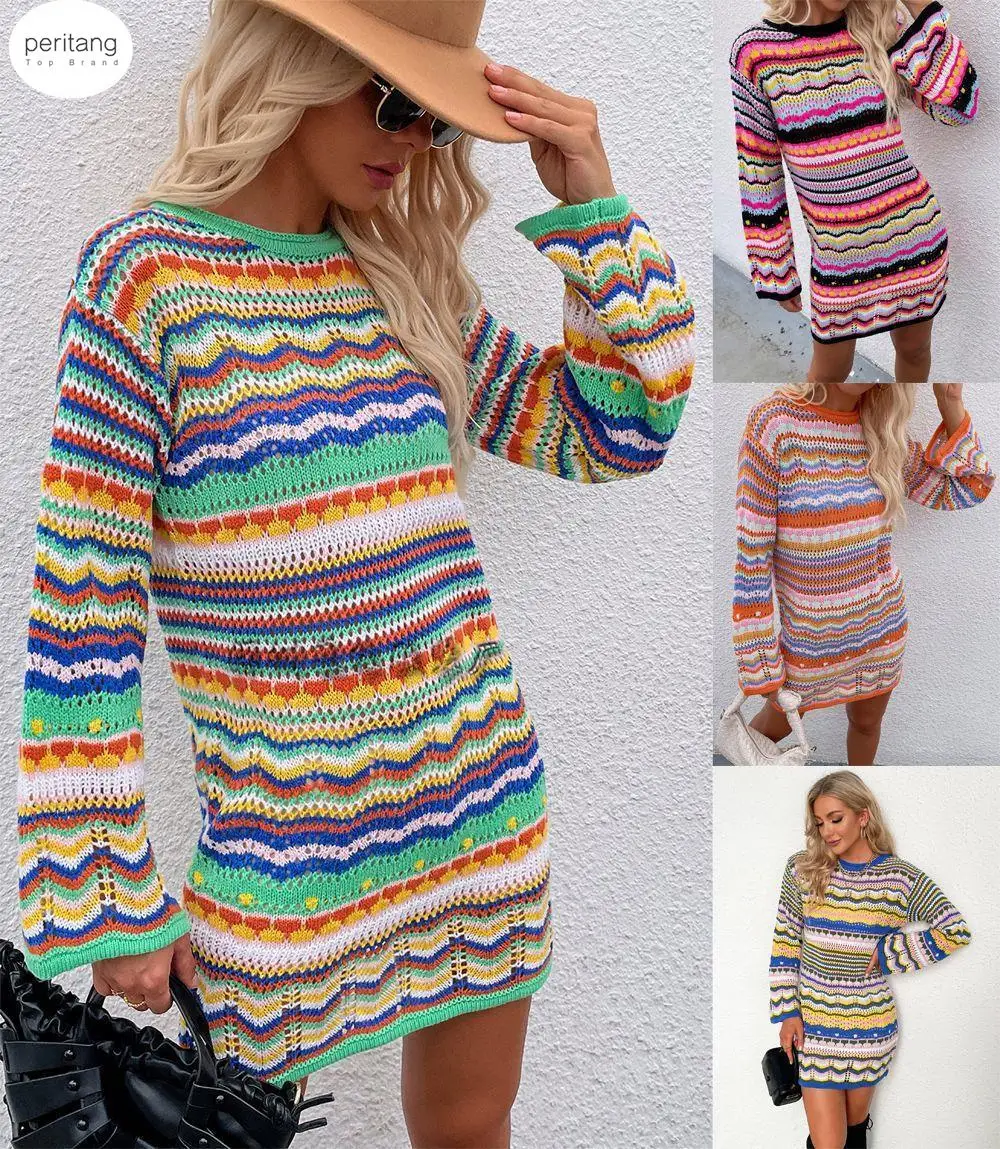 

Vintage Colorful Crochet Mini Dress Women 2023 Casual Long Sleeve Hollow Out Holiday Beach Fashion Short Dresses Vestidos