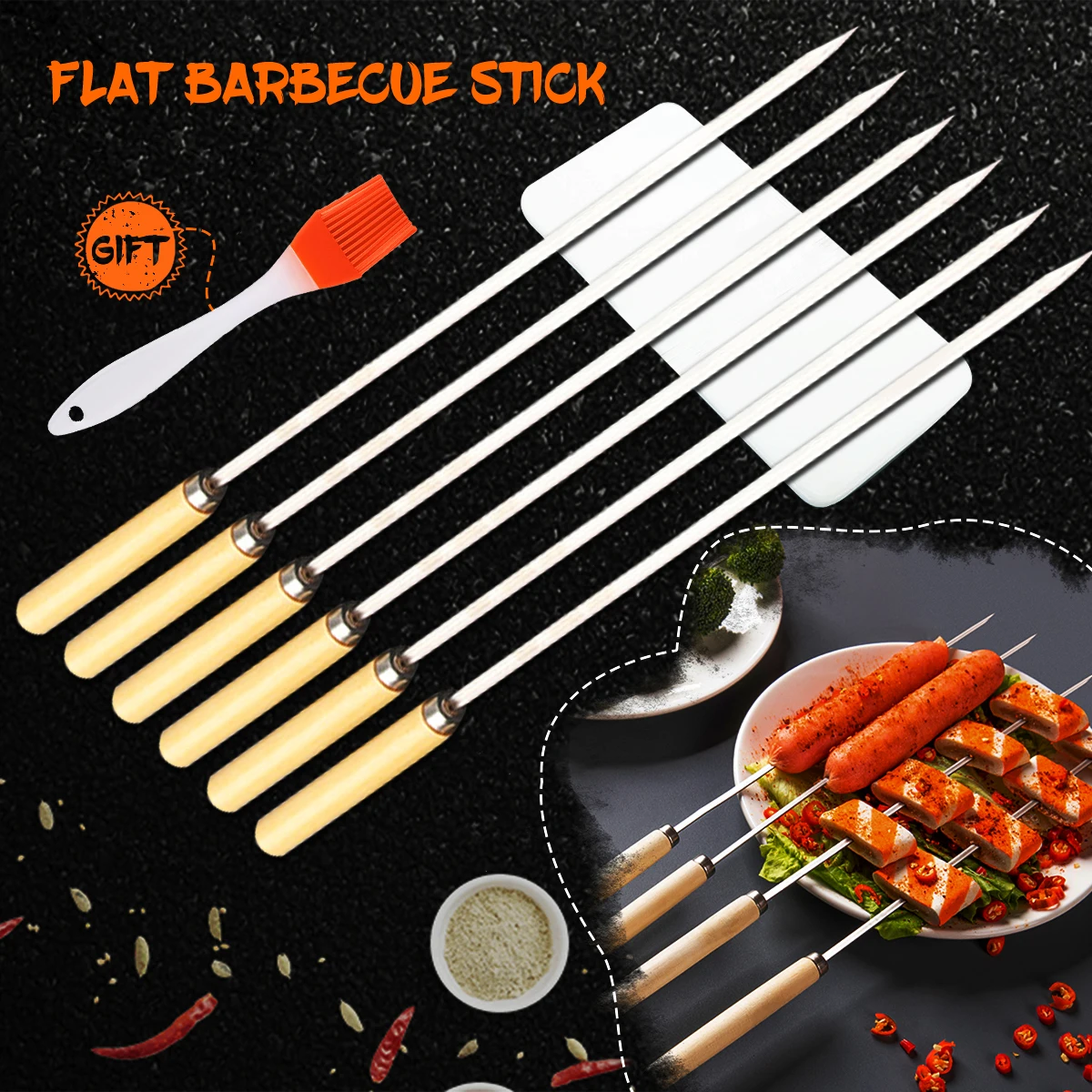 

Палочки для барбекю из нержавеющей стали с деревянной ручкой, не скользящие, многоразовые, для приготовления пищи на открытом воздухе, пикн...