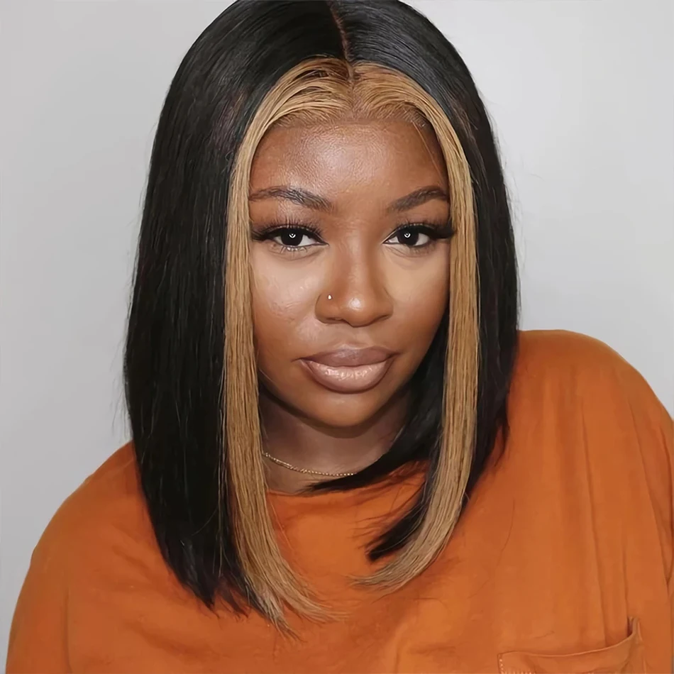 

Short Highlight Wig Human Hair Bob for Black Women Pre-Plucked Bone Straight 4x4x1 T Part Lace Closure Malaysian Wigs HD Lace
