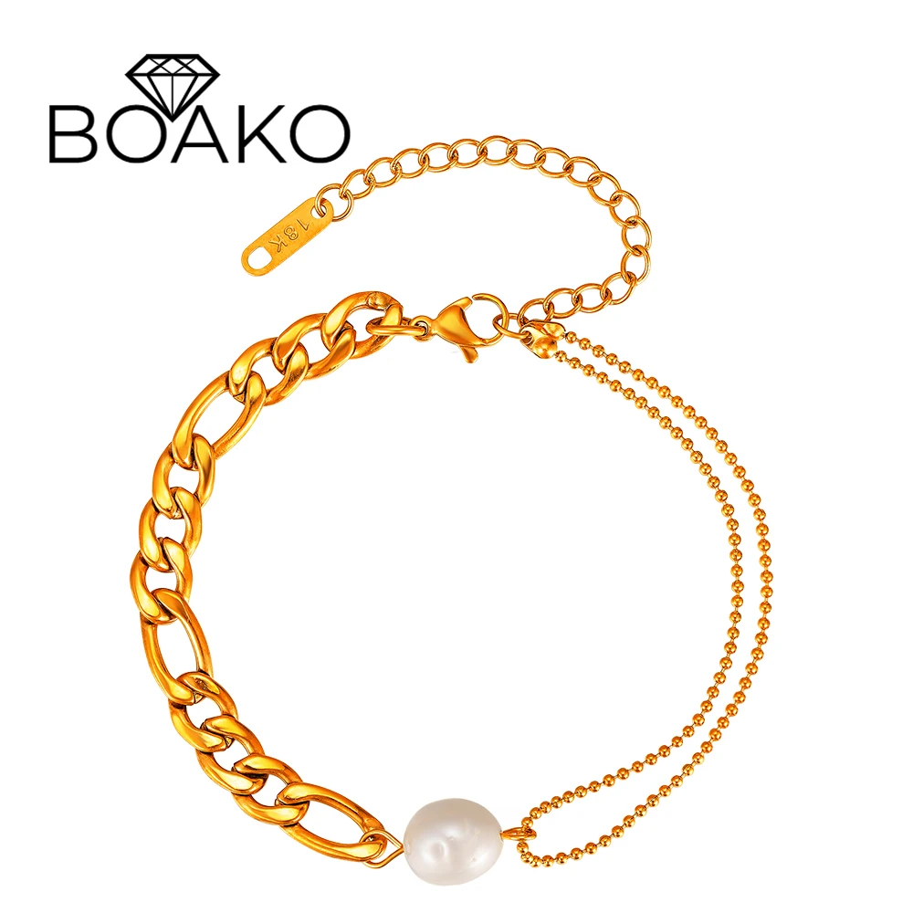 

BOAKO European and American Women Bracelet Freshwater Pearl Figaro Chain Bracelet Simple Stainless Steel 18K Gold Plated Jewelry
