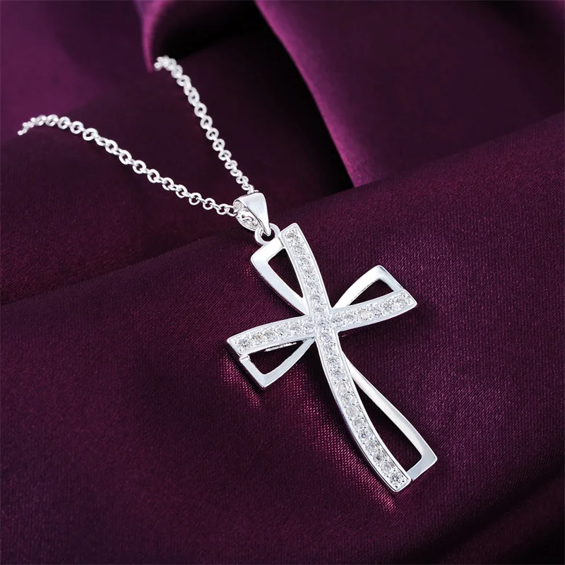 

Promotions 925 silver necklace charm for women cyrstal Cross pendant chain jewelry fashion cute wedding party