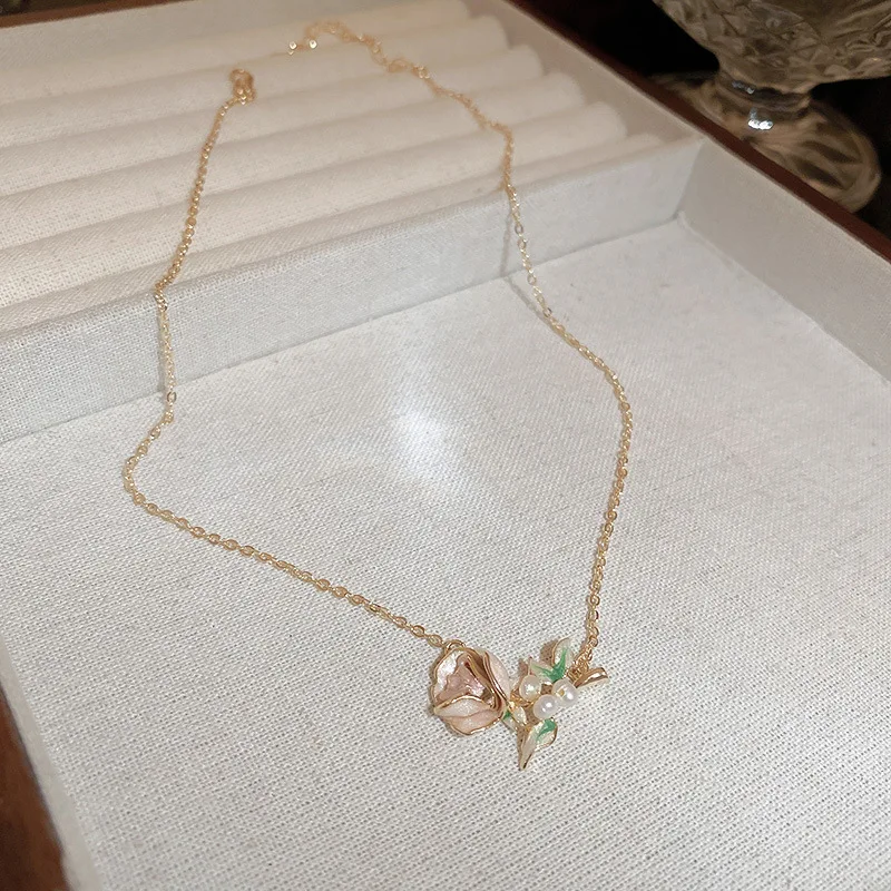 

Minar High Quality Natural Freshwater Pearl Choker Necklaces for Women Gold Color Copper O-chain Rose Flowers Pendant Necklace
